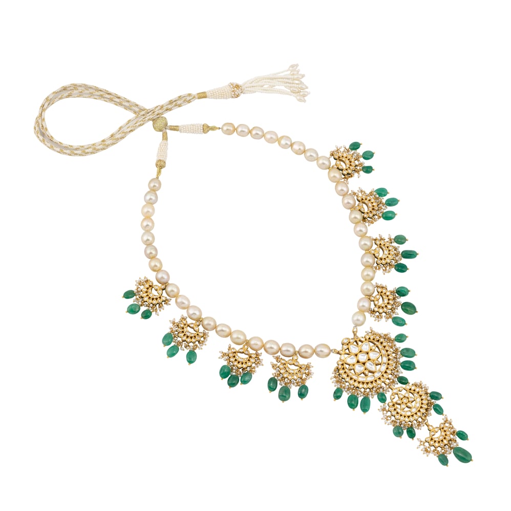Pearl Chandbali Necklace with Emerald Drops